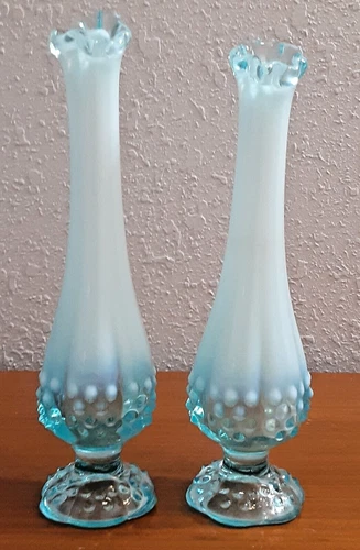 2 Vintage Fenton Blue Opalescent Hobnail Swung Glass Bud Vases
