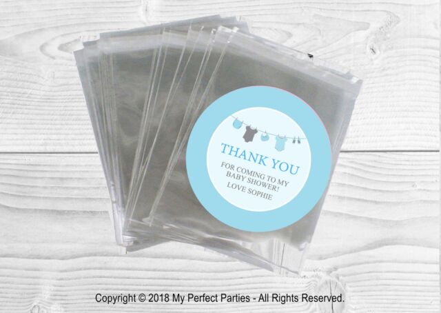 12 x Blue Washing Line Baby shower Bags & Personalised Stickers Favour Kit
