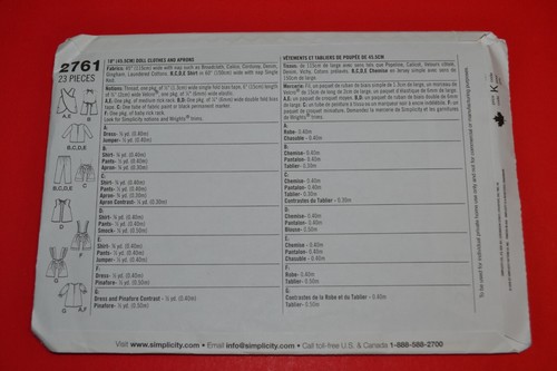 Simplicity 2761 sewing pattern, 18" doll clothes & aprons - Picture 2 of 3