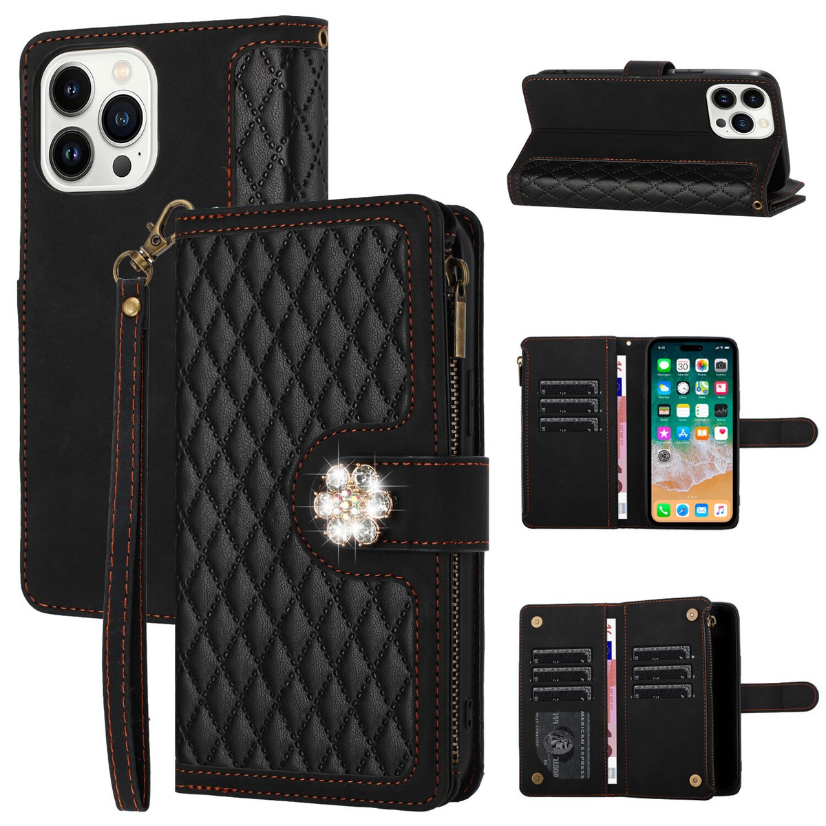 Luxury Leather Wallet Case with Zipper Pocket for iPhone 15