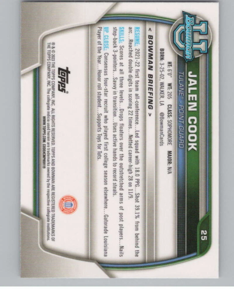 2022-23 Bowman University Chrome Refractor Pink #25 Jalen Cook V98120 - Image 2 of 3