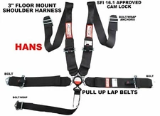 BLACK FLOOR MOUNT RACE HARNESS 5 POINT PULL UP LAP BELTS HANS DEVICE BELT