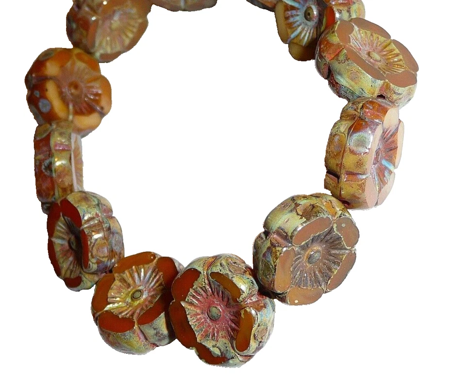 Cuentas de vidrio checo flor de hibisco de 12 mm aleación naranja con acabado Picasso lavado coral Foto 2 de 4