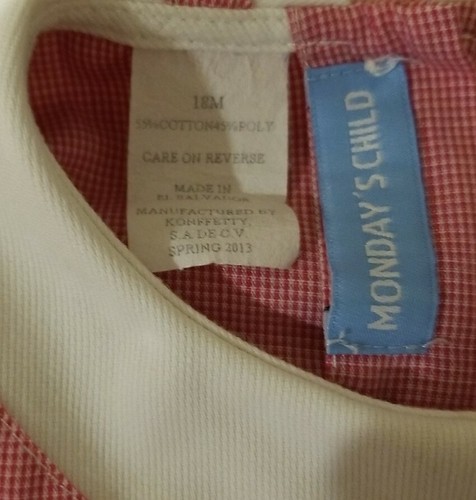 Vintage MONDAY'S CHILD Red Check Sleeveless Dress White Collar Infant Girls 18M - Picture 7 of 7