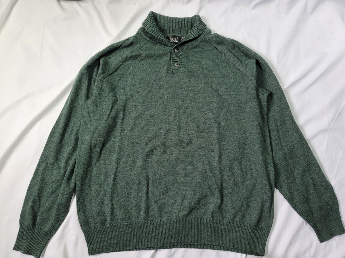 Belford Sweater Green Pullover Henley 100% Extra Fine Wool Solid