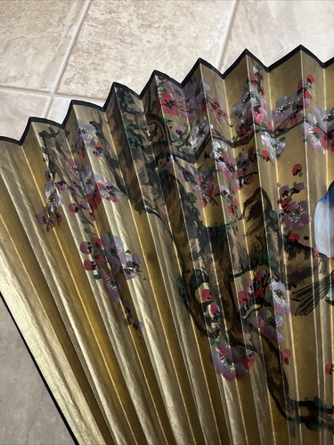 VTG Large Asian Wood Fan Wall Art Hand Painted Gold w/ Birds & Floral in a tree - Picture 12 of 14