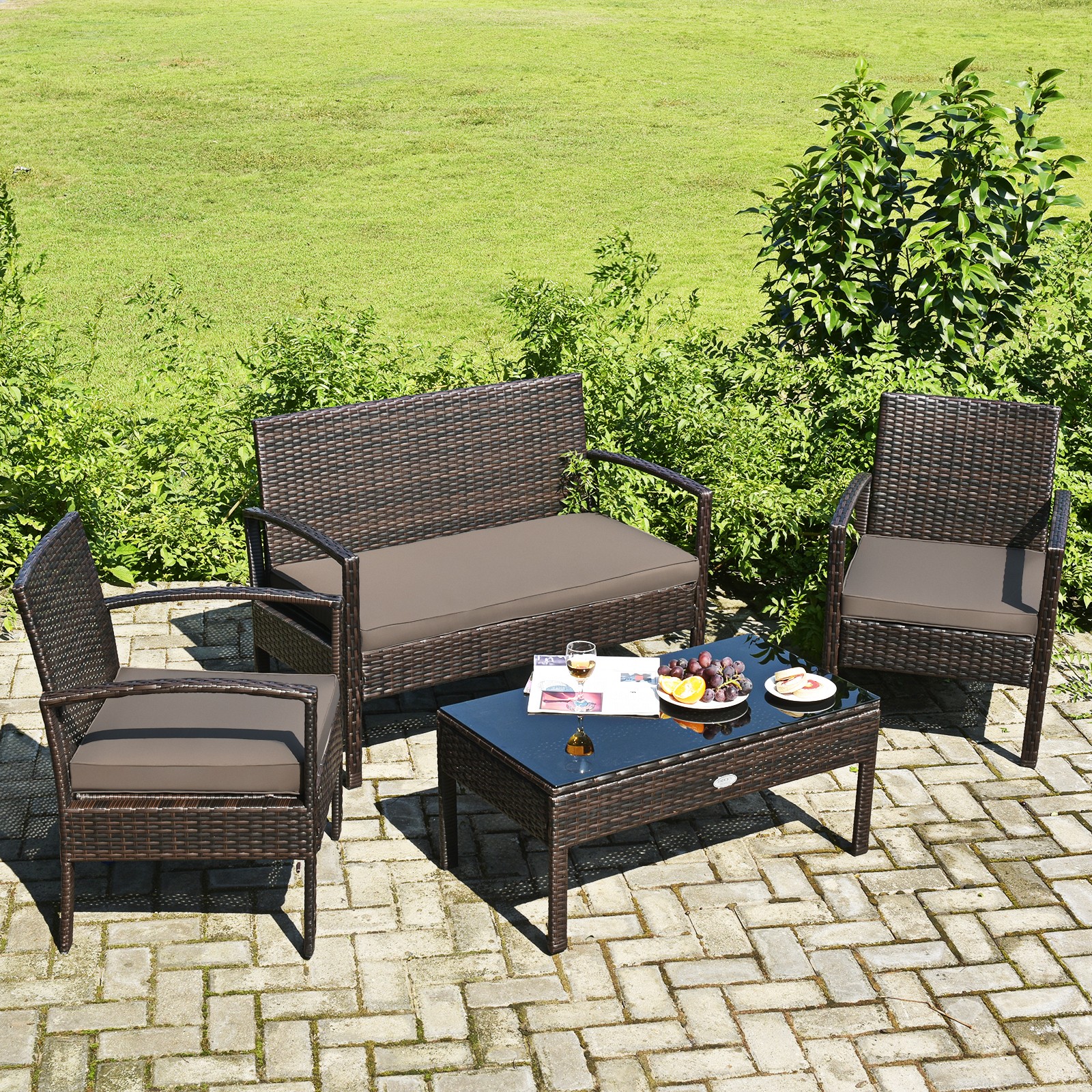 4PCS Outdoor Patio Rattan Furniture Set Cushioned Sofa Coffee Table Deck alternate view 4