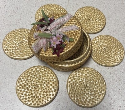 Vintage Coaster Set Of woven rattan and a matching lidded holder