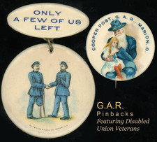 TWO Poignant Antique GAR Pinbacks DISABLED CIVIL WAR VETERANS Graphics. Sad Pins