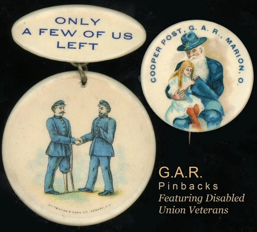TWO Poignant Antique GAR Pinbacks DISABLED CIVIL WAR VETERANS Graphics. Sad Pins