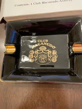 NIBox Club Macanudo Black ceramic cigar ashtray gold crest + trim 6x7.5x1.5