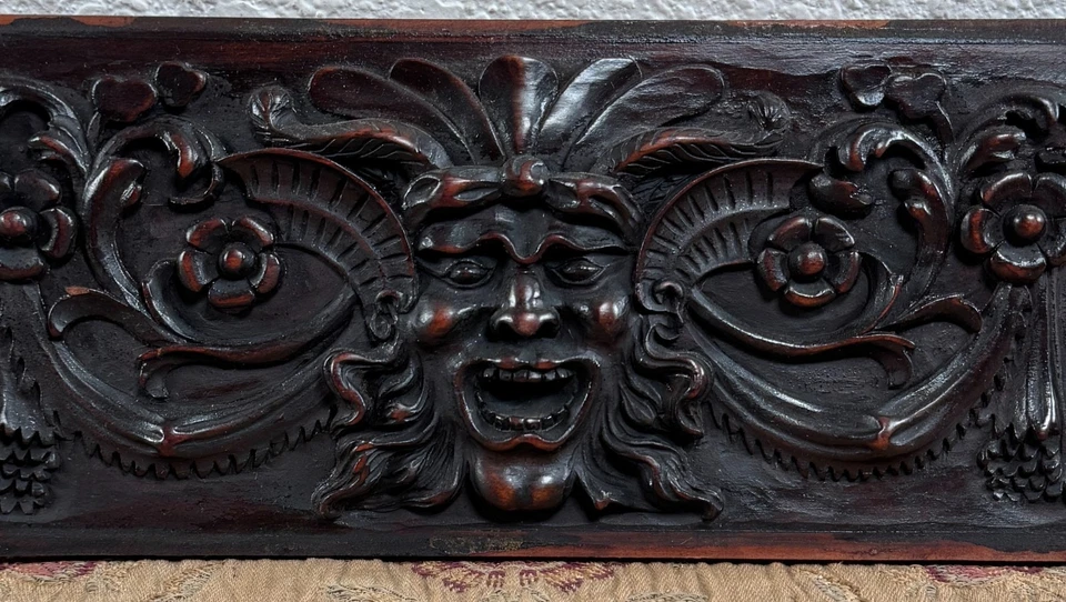 Antiguo panel floral caoba tallado siglo XIX hombre bestia renacimiento francés #1 Foto 2 de 4