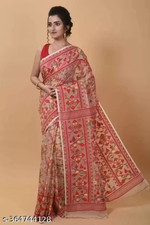 Indian Jamdani Cotton Silk Saree With Unstitched Blouse Women's Party Wear Sari