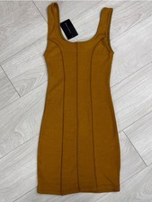 Signature 8 Mustard Ribbed Bodycon Midi Dress Sleeveless Seam Detail Size S