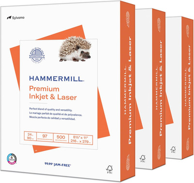 Hammermill Printer Paper, Premium Inkjet & Laser Paper 24 Lb, 8.5 X 11-3 Reams (