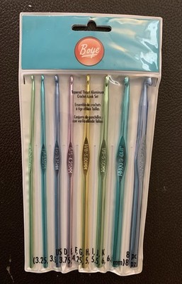 Boye 8 Piece Crochet Hooks Aluminum. Sizes D E F G H I J K. Pre-owned Never Used