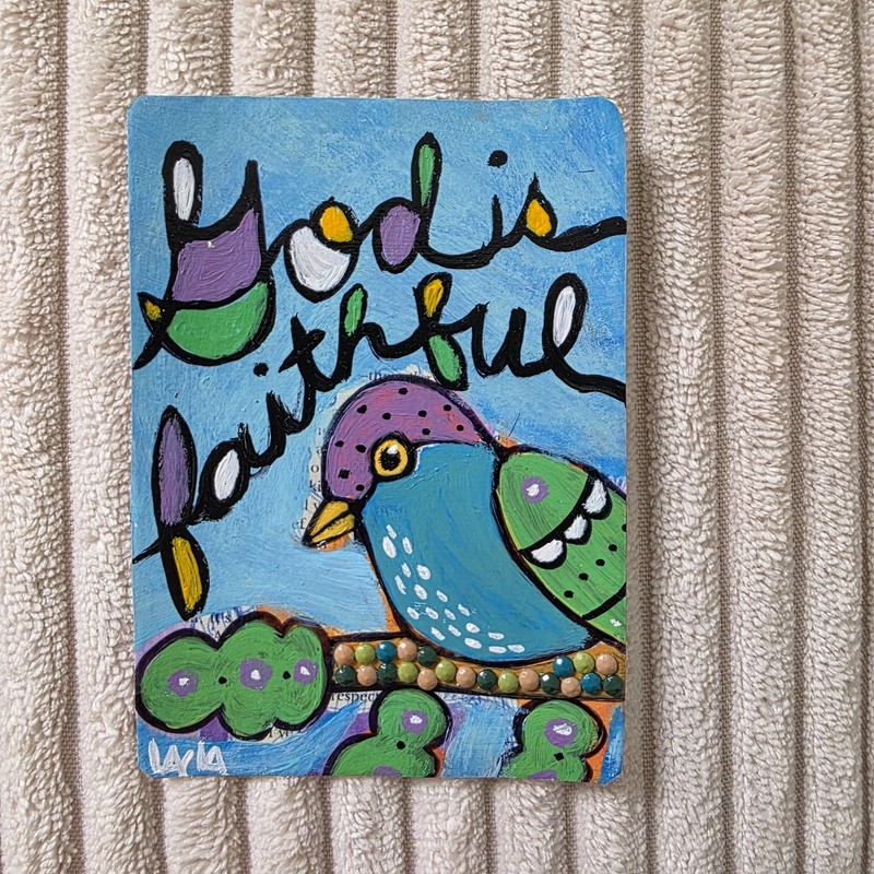 ORIGINAL ACEO Folk Art Painting Bird Bible Scripture God Faith Gems Tree Leaf