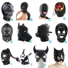 BDSM Black Pu Leather Head Bondage Hood Mask Open Eye Mouth with Zipper Couple