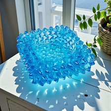 VTG Blue Glass Fenton Square Spiked Hobnail Tea Light Candle Holder Votive 2.75"