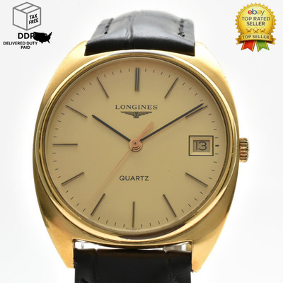Vintage [N MINT w/New Belt] LONGINES 950 4835 Gold Dial Quartz Date Watch JAPAN