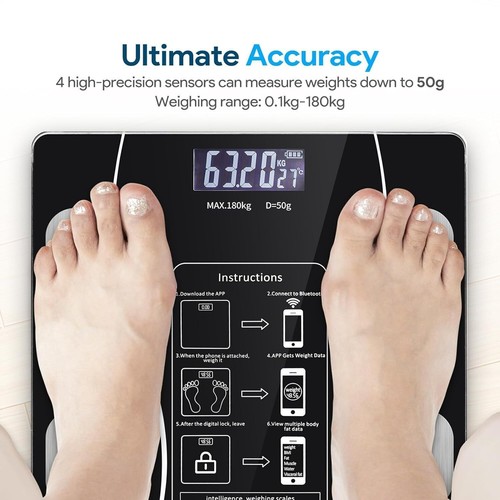 Digital Personen Waage Körper Analyse Bad Fitness Kg/g bis 180Kg Glas schwarz - Bild 2 von 17