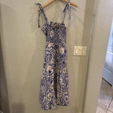 Umgee Dress Size Small Peasant Babydoll Floral Blue/Cream Smocked Hippie Boho