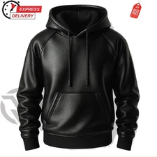 Men's Black Premium Leather Handmade Hoodie Genuine Lambskin Leather Hoodie