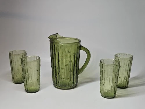Vintage Green Glass Bamboo Tahiti Pitcher & Tumbler Set Anchor Hocking MCM
