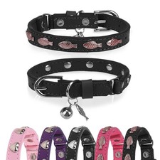 Leather Cat Collar, Breakaway Kitten Collars with Bell, Black
