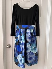 Jessica Howard Cocktail Party Dress Size 12 Black Long Sleeve Blue Flower Skirt