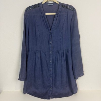 Promod Navy Linen Embellished Shirt Dress L