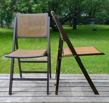 Vintage Two Folding Wood / Rattan Bergere Folding Chairs - Dark Brown Solid Wood