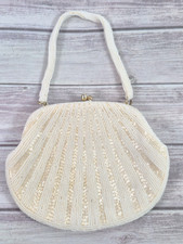 Vintage Ivory Beaded Clamshell Clutch w/ Beaded Handle Made in Korea Purse