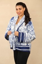 Floral Print Puffer Jacket Cardigan Casual Long Sleeves Quilted Bomber Blue 'S' 