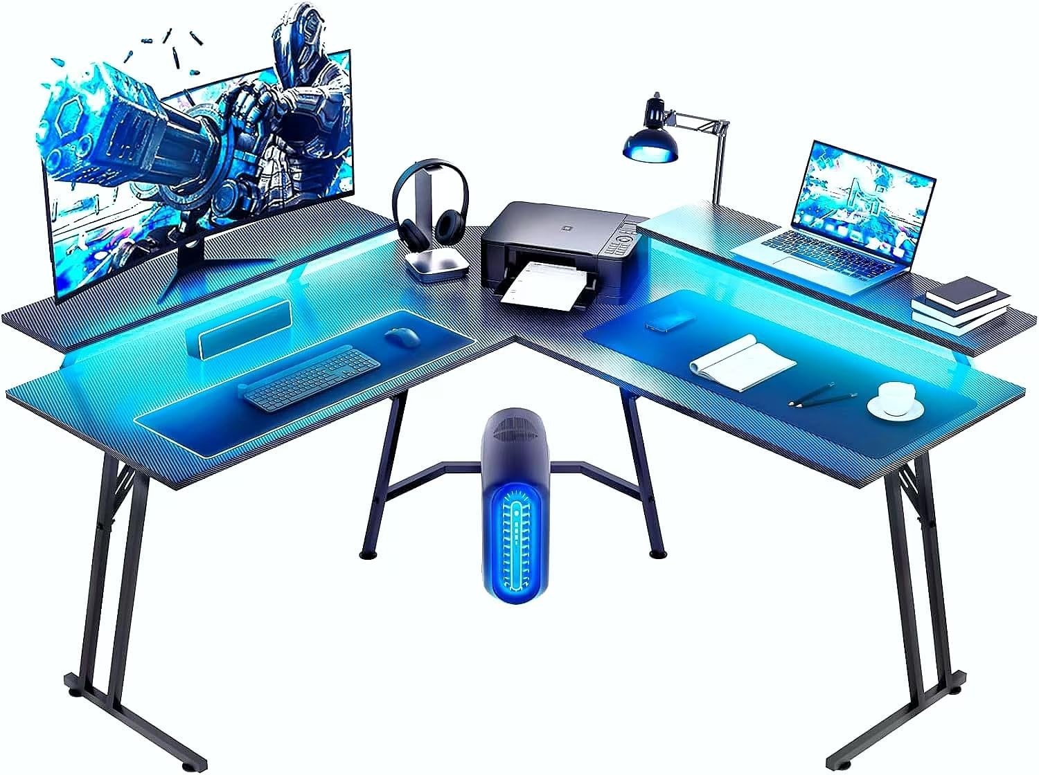 51 Inch L Shaped Gaming Desk with LED Light, Corner Desk with 2 Monitor Stands