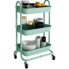 3-Tier Green Utility Rolling Cart with Plastic Baskets,Kitchen Storage Carts ...