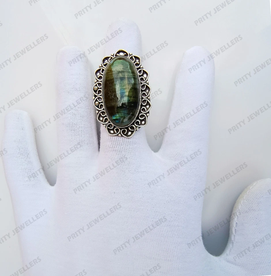 Anel de pedra preciosa labradorita natural, anel de prata esterlina 925, anel feito à mão - Imagem 2 de 4