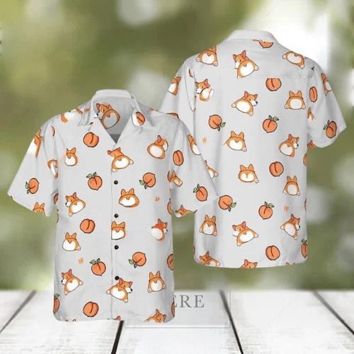 Corgi Butt And Peaches Seamless Hawaiian Shirt Aloha Summer 2024 S-5XL