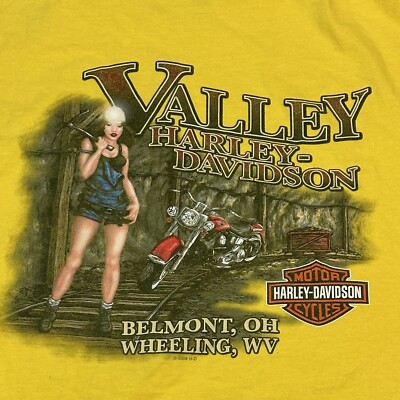Rare 2008 Harley-Davidson Yellow Pinup Pick Ax Miner Girl Biker Tee USA Made 3XL