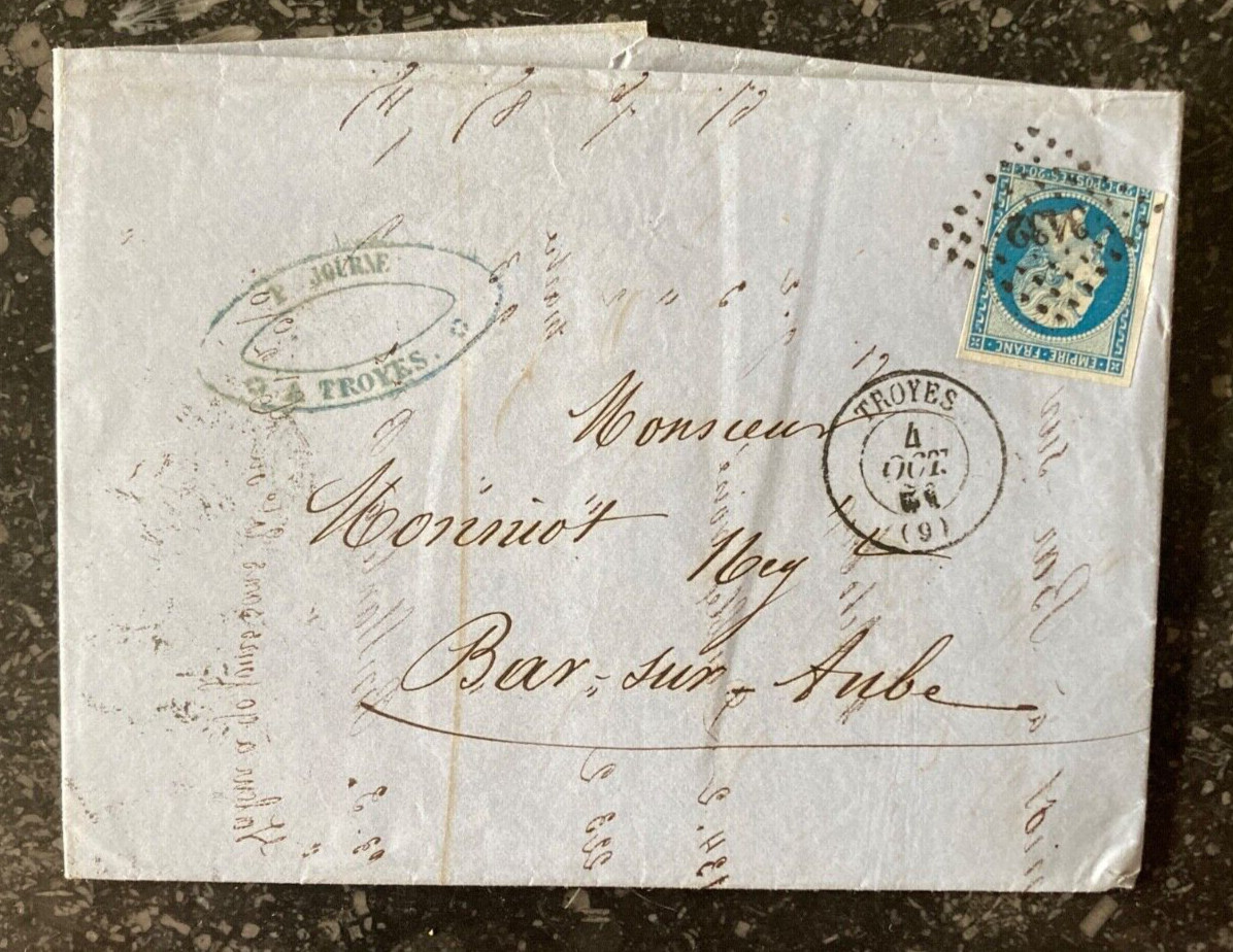 FRANKREICH 1861 NAPOLEON 20C ungezähnt gefalteter Brief Bar sur Aube 18 oct 61