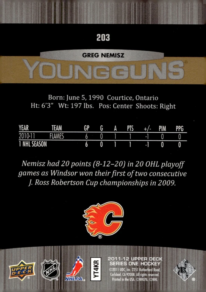 Greg Nemisz - 2011-12 Upper Deck Series 1 Young Guns Exclusives /100 RC #203 - Image 2 of 2