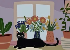 ACEO Mini **Art Print** Black Kitty Cat Kitten & Flowers by Saulite