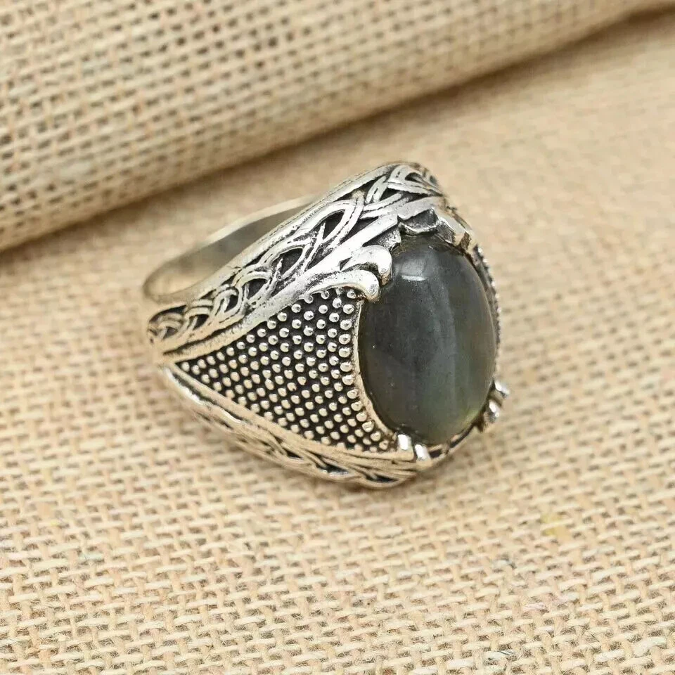 拉长石宝石戒指 925 纯银设计师男式戒指 均码 D63 — 第 2/4 张图片