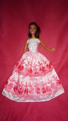 Barbie Puppen Kleid + Blumen Spitze Ballkleid Prinzessin Brautkleid Hochzeit #D