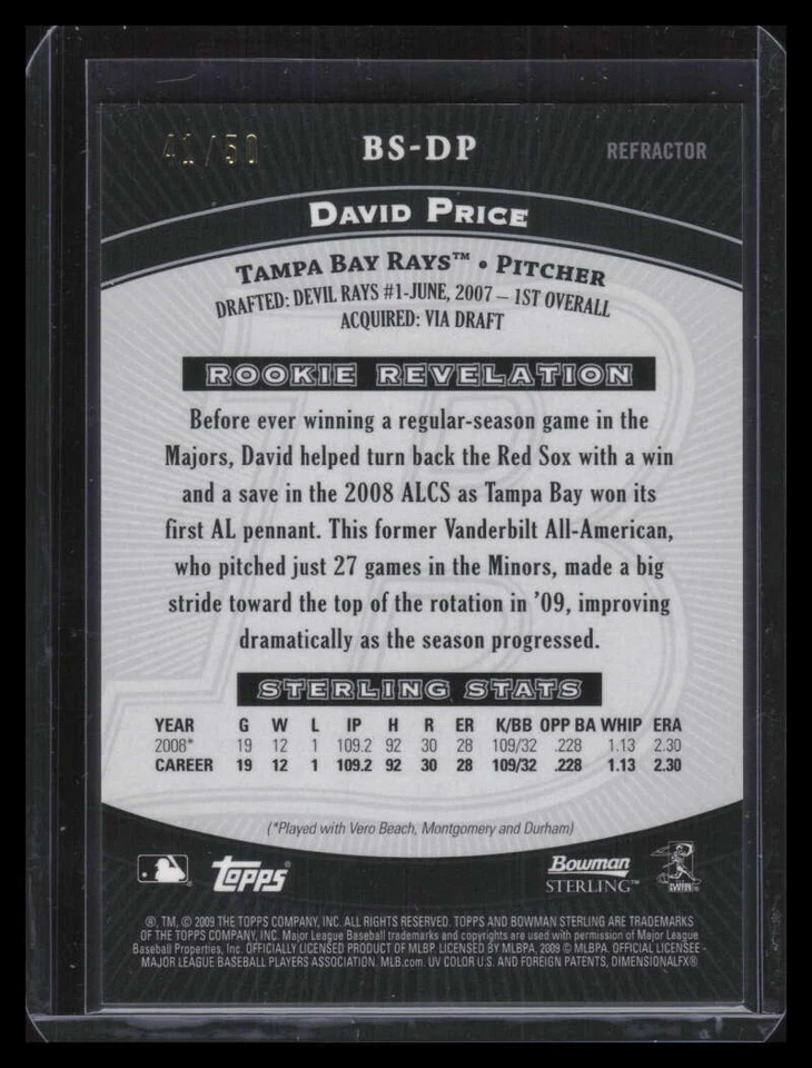 2009 Bowman Sterling Gold Refractor DP David Price Rookie 41/50 - Image 2 of 2