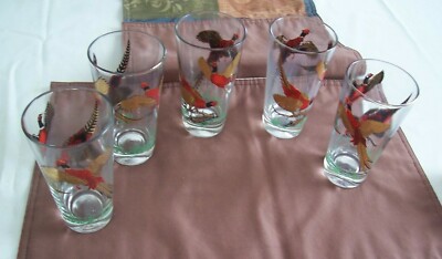 5 Vintage Ring-necked Pheasant Drinking Glasses Goblets Hazel Atlas Unmarked