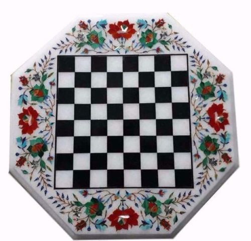 18-inch Handmade Marble Chess Table with Pietra Dura Inlay for Home Decor