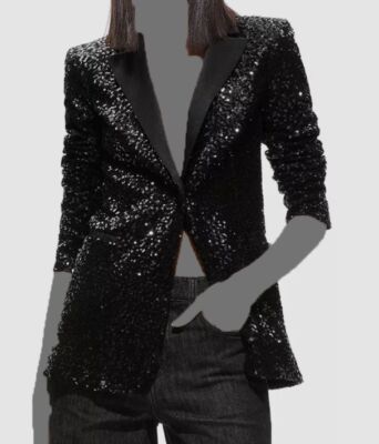 Alice Olivia Women's Black Breann Sequined Tuxedo Blazer Jacket Coat Size 