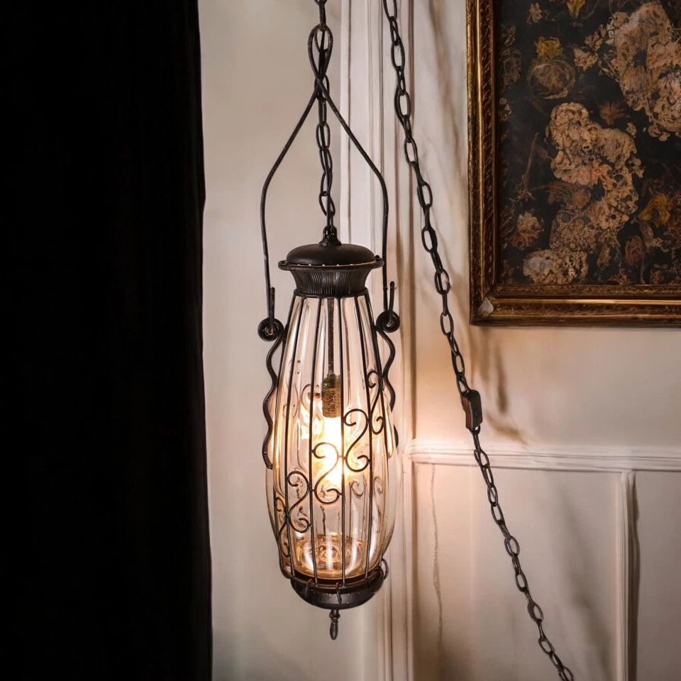 Linterna colgante gótica de hierro forjado de colección vidrio soplado a mano renacimiento español Foto 4 de 4