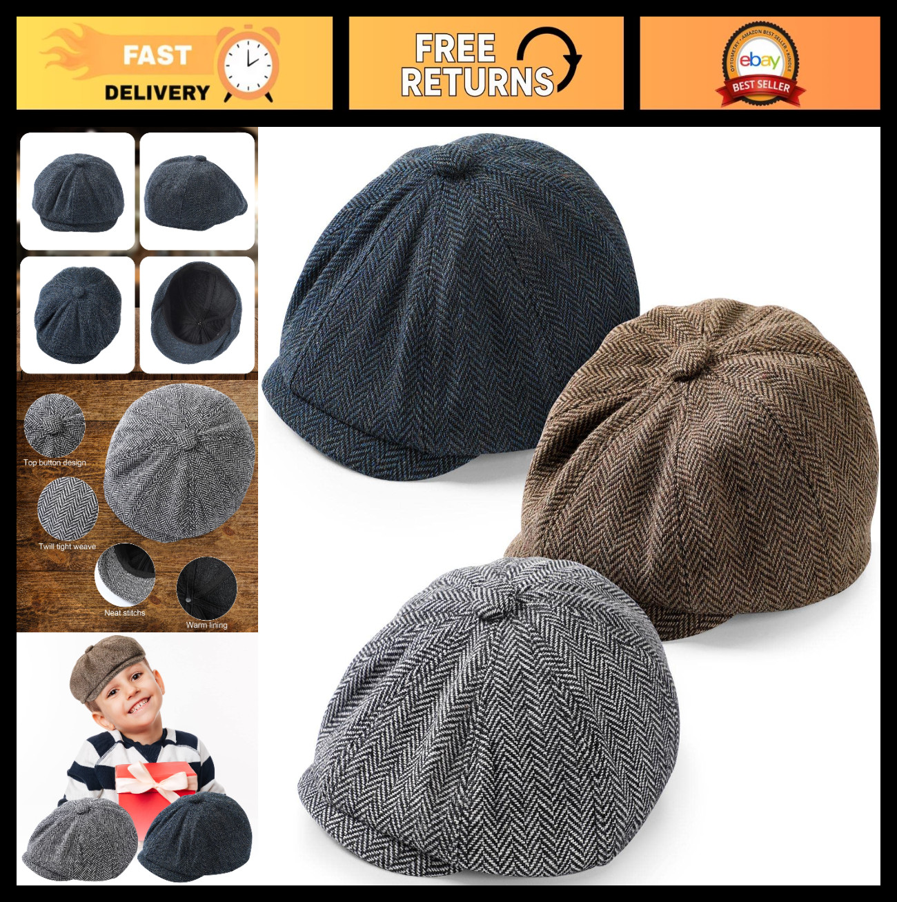 Vintage Newsboy Caps for Kids - 3 Pack Toddler Flat Beret Hats, Ages 1-4, Navy,
